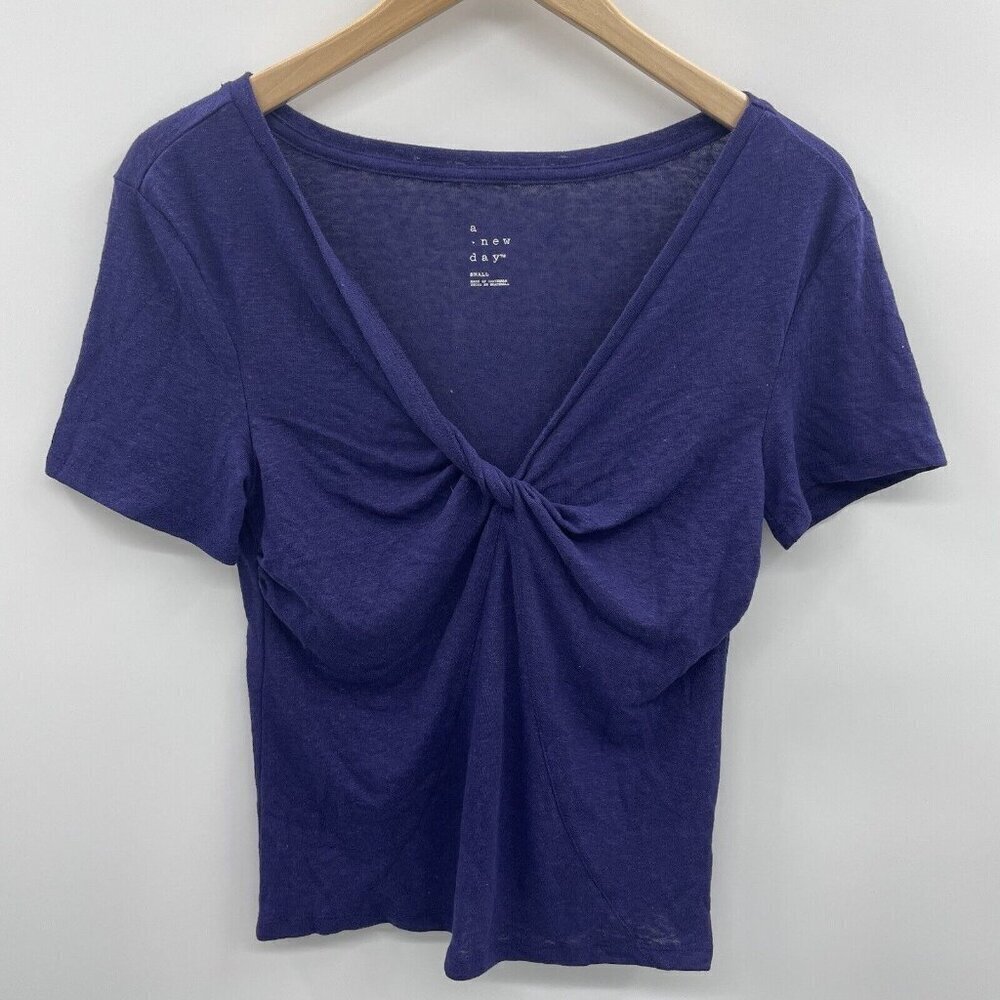 A New Day Womens Size Small Twisted V-Neck Linen Short Sleeve T-Shirt Navy 2548